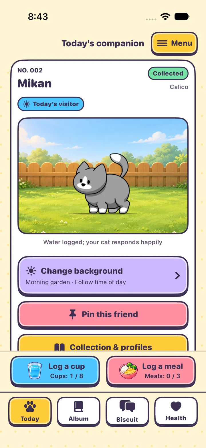 KittyYard Today page with a cat portrait, water and meal logging, and four-page navigation