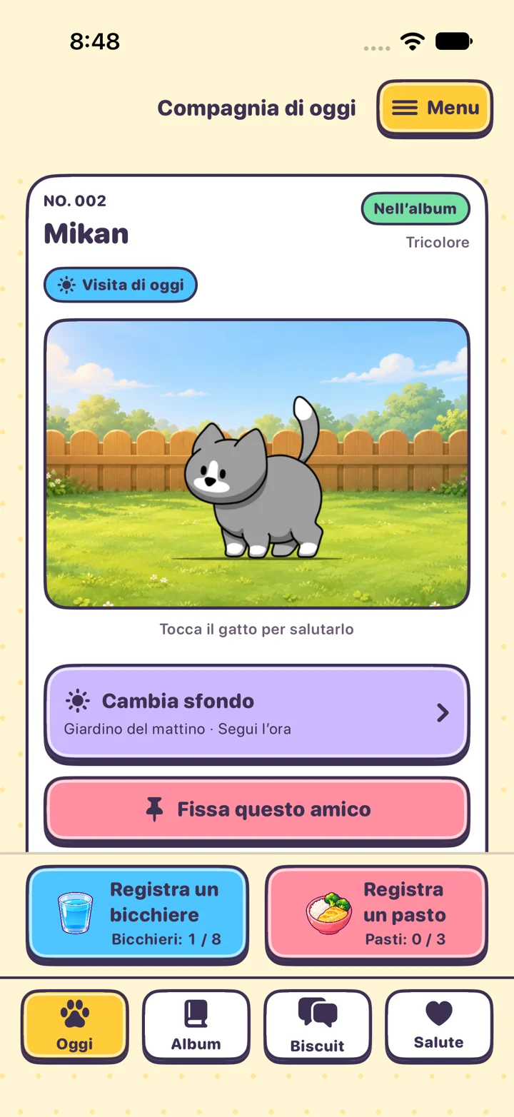 Pagina Oggi di KittyYard con gatto, registrazioni di acqua e pasti e quattro pagine di navigazione
