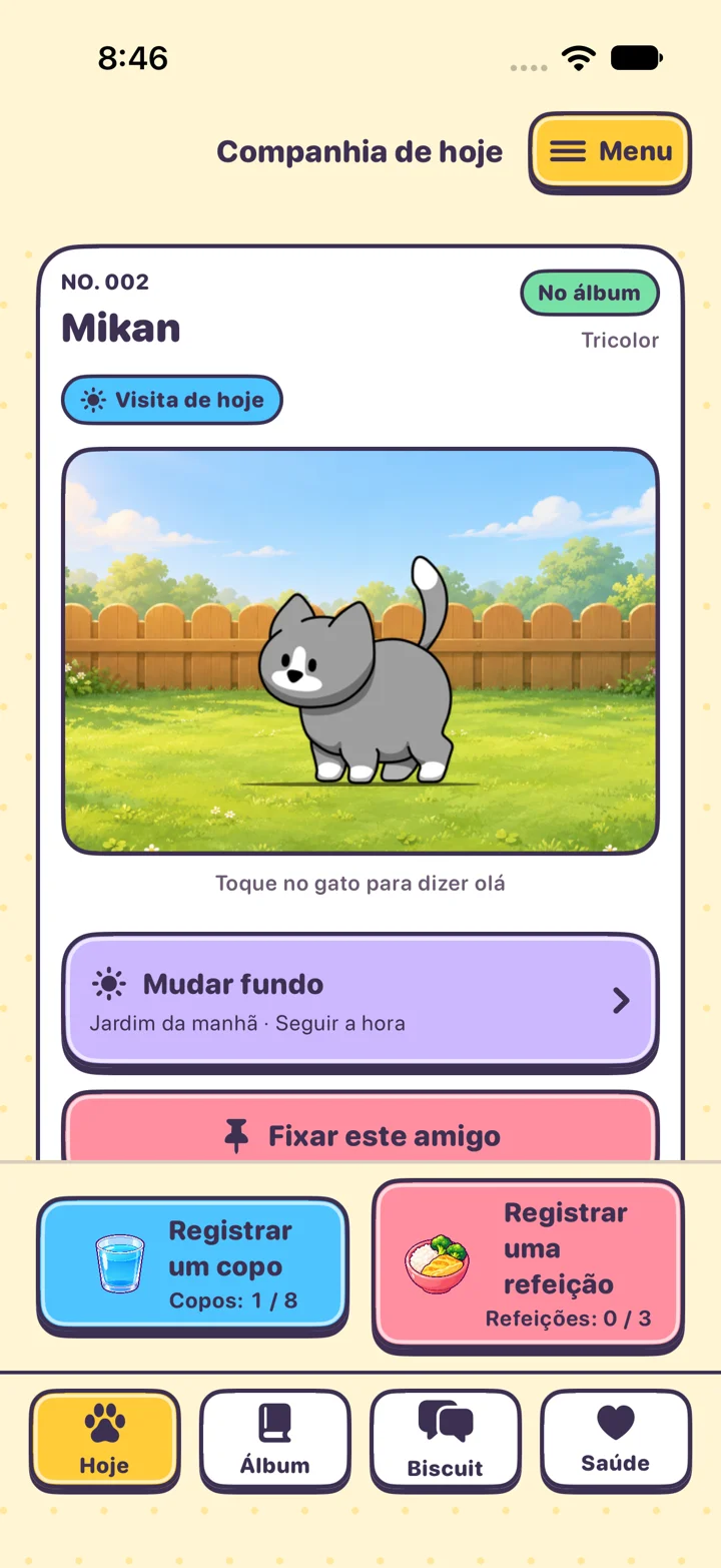 Página Hoje de KittyYard com gato, registros de água e refeições e quatro seções